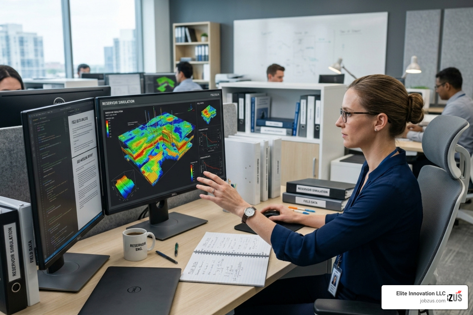 A reservoir engineer analyzing complex 3D simulation data on a high-resolution monitor - oil and gas jobs in middle east