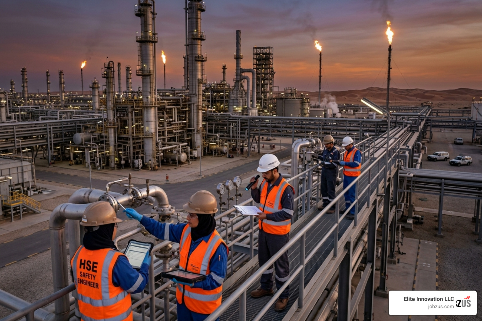 Sprawling oil refinery in Saudi Arabia reflecting high demand for HSE engineers - hse engineer jobs in oil and gas companies