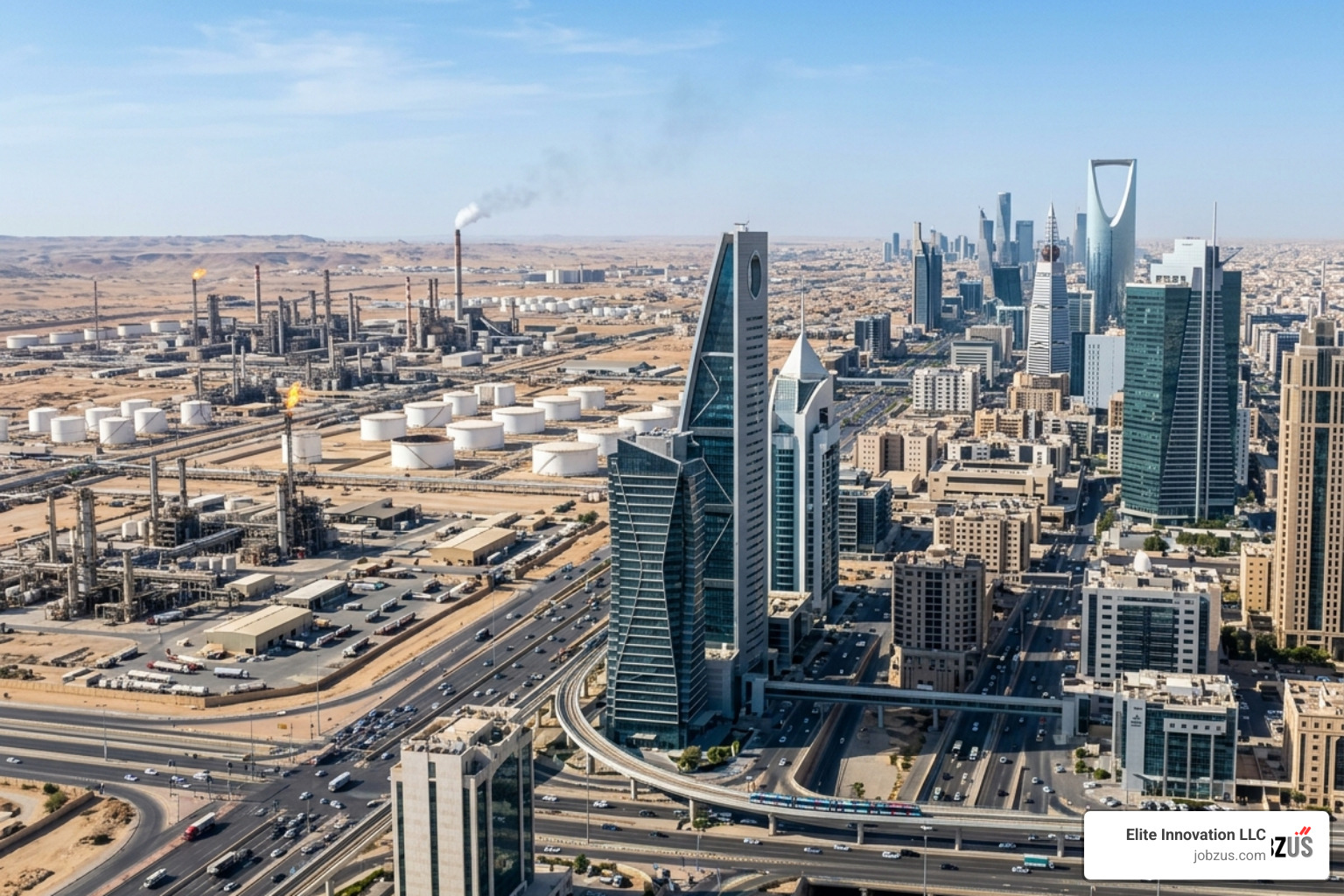 Riyadh skyline and industrial zones Saudi Arabia 2026 - middle east jobs oil and gas