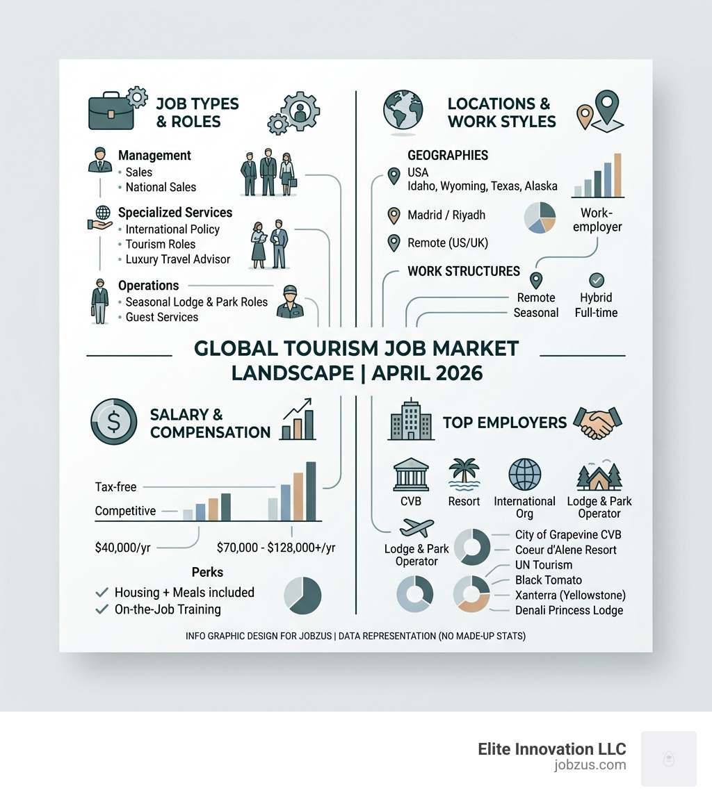 Global tourism job market landscape showing role types, locations, salary ranges, and top employers in April 2026 - job