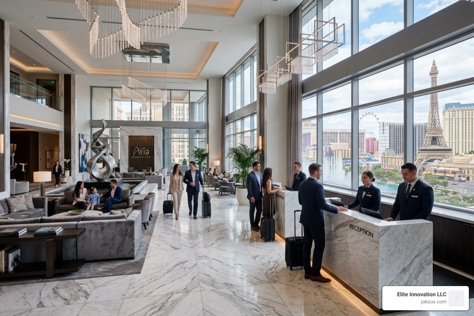 Luxury hotel lobby in a major tourism hub showing modern design and professional staff - job vacancies in travel and tourism