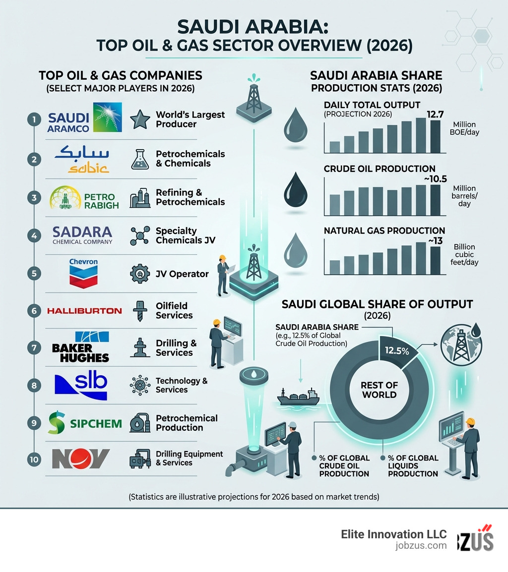 Infographic showing Saudi Arabia's top oil and gas companies, production stats, and global share of output in 2026 - oil and