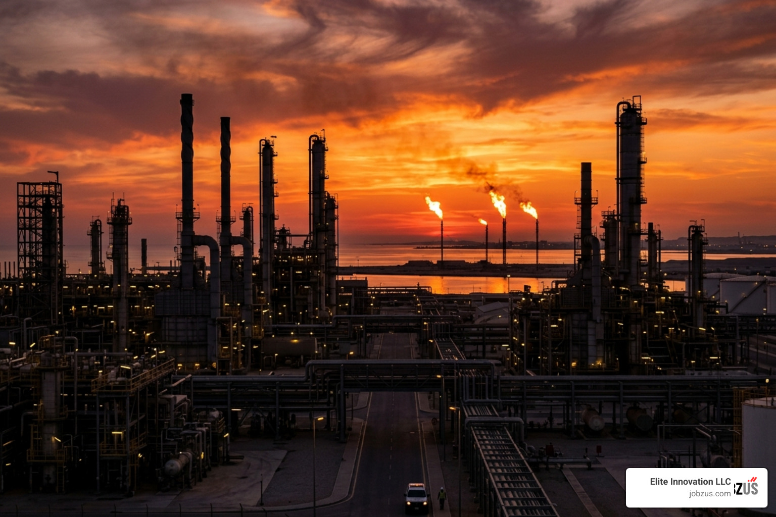 Saudi Arabian oil refinery at sunset - oil and gas companies in saudi arabia