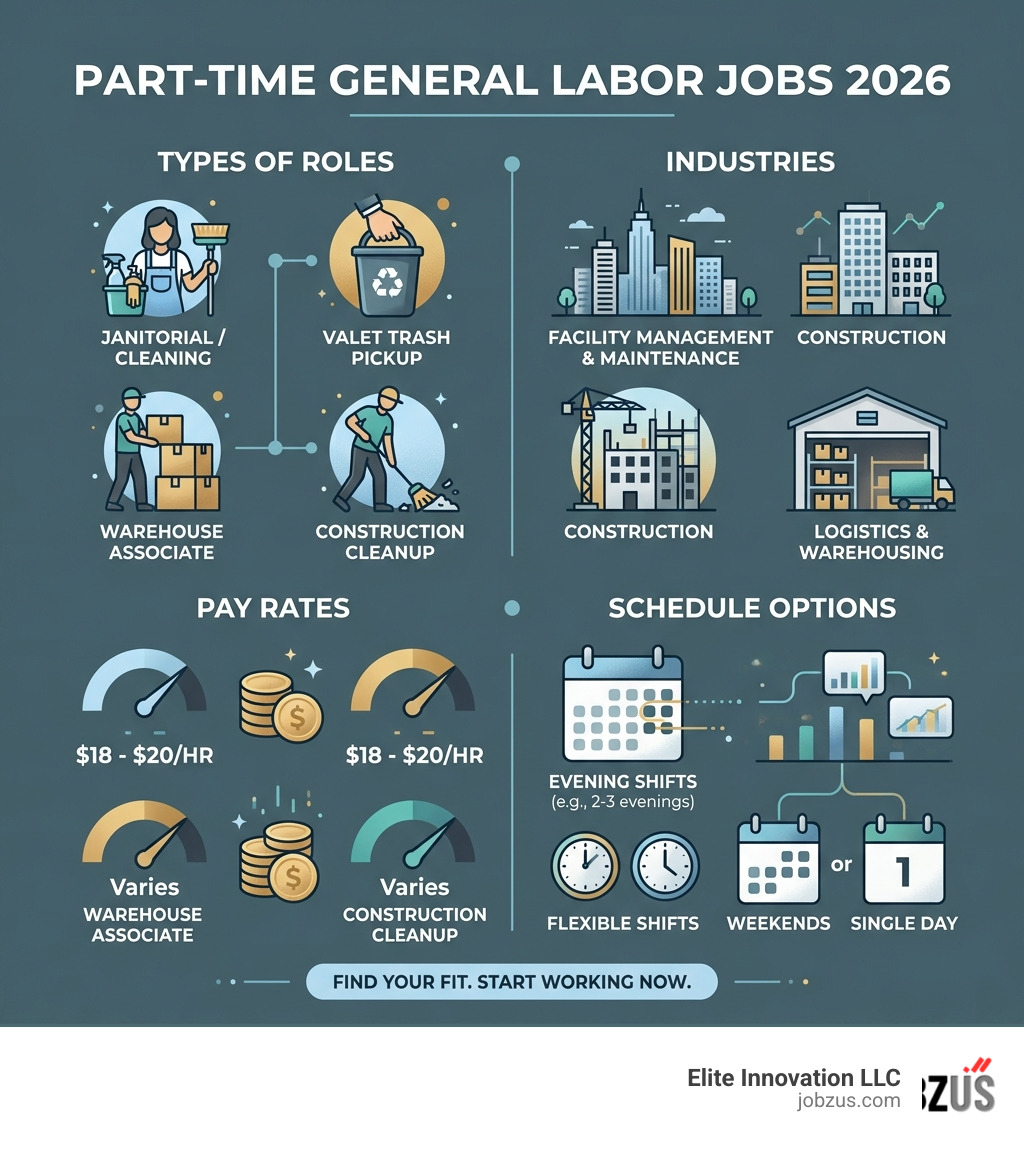 Infographic showing types of general labor jobs, industries, pay rates, and schedule options in 2026 - general labor jobs Infographic showing types of general labor jobs, industries, pay rates, and schedule options in 2026 - general labor jobs