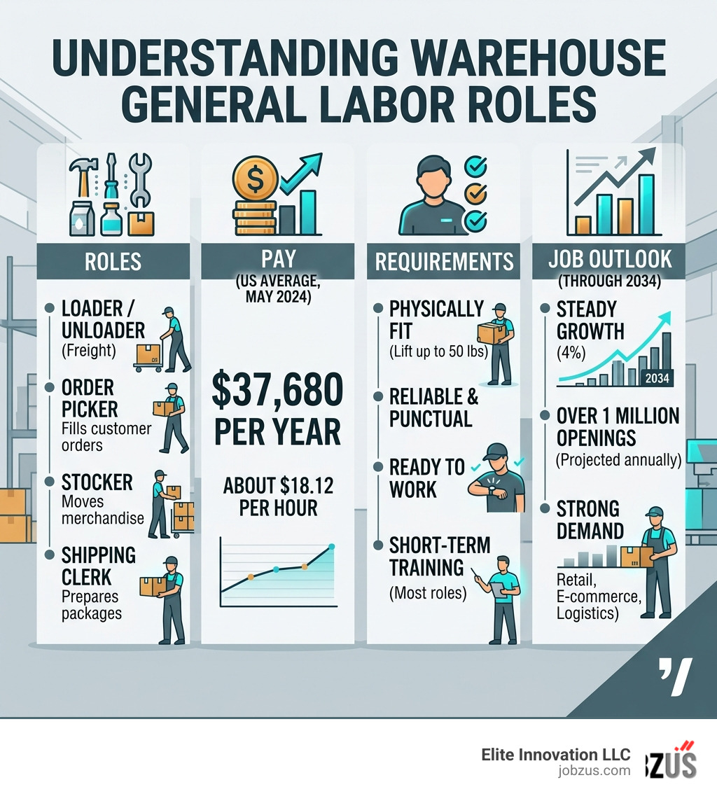 warehouse general labor infographic showing roles, pay, requirements, and job outlook - warehouse general labor infographic warehouse general labor infographic showing roles, pay, requirements, and job outlook - warehouse general labor infographic
