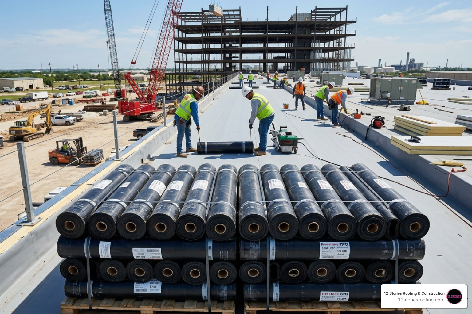 Rolls of black TPO membrane ready for installation on a commercial job site - Black TPO roofing Rolls of black TPO membrane ready for installation on a commercial job site - Black TPO roofing