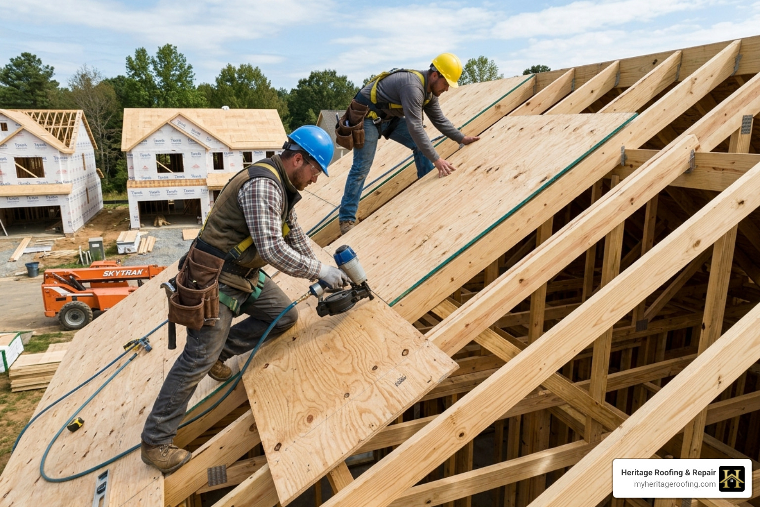Plywood roof decking being installed on a new residential home - roof deck repair