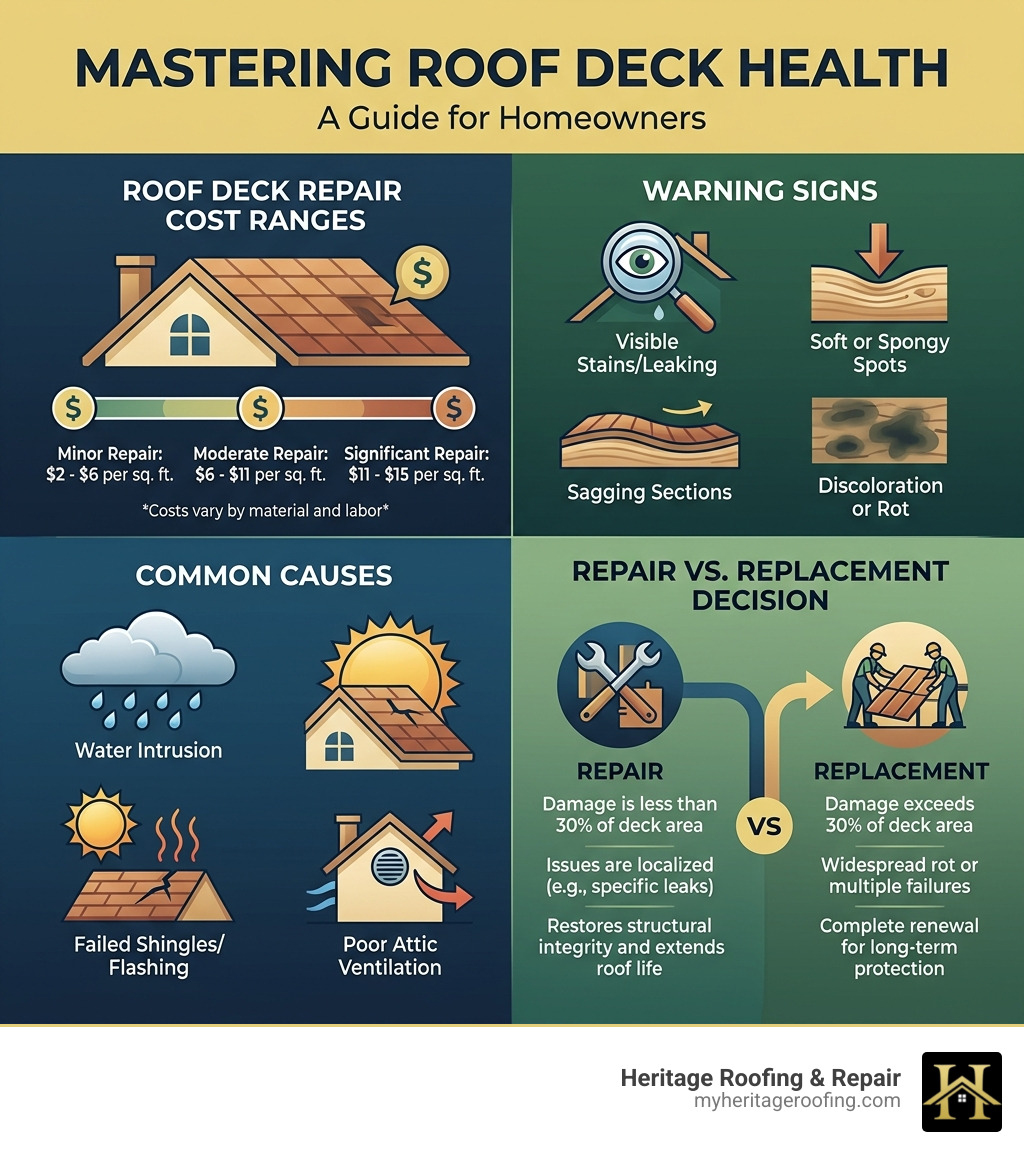 Infographic showing roof deck repair cost ranges, warning signs, causes, and repair vs. replacement decision criteria - roof