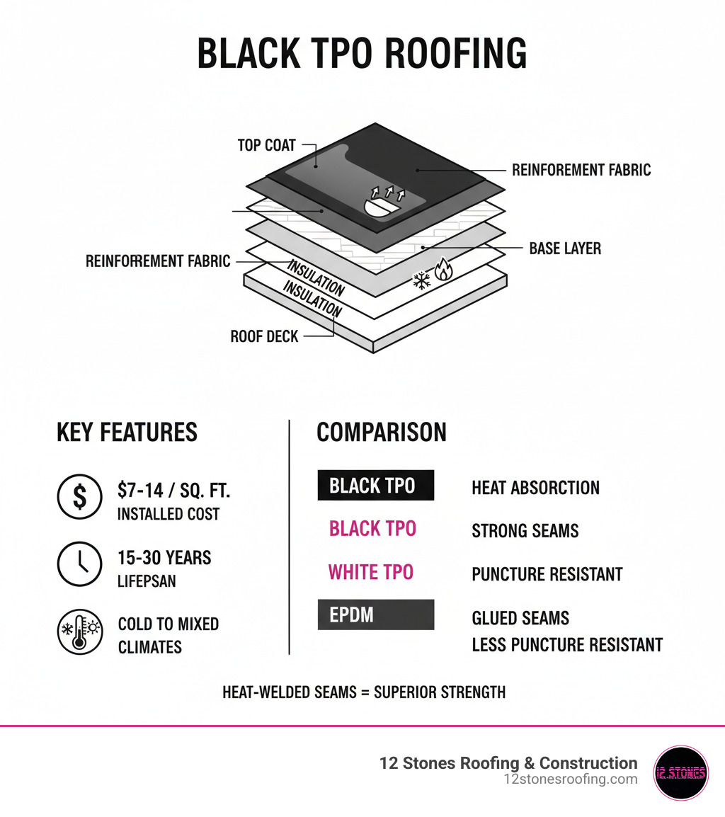 Infographic showing black TPO roofing composition, cost range, lifespan, climate suitability, and comparison to white TPO Infographic showing black TPO roofing composition, cost range, lifespan, climate suitability, and comparison to white TPO
