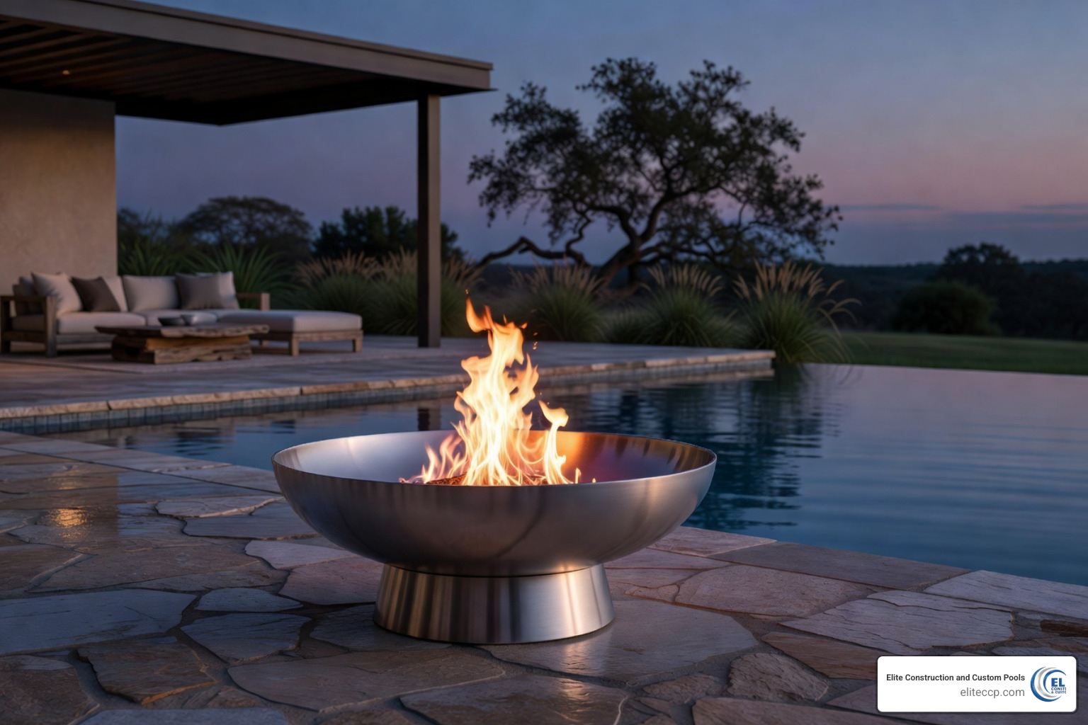 Custom Texas pool deck with fire features - pool fire bowls near me