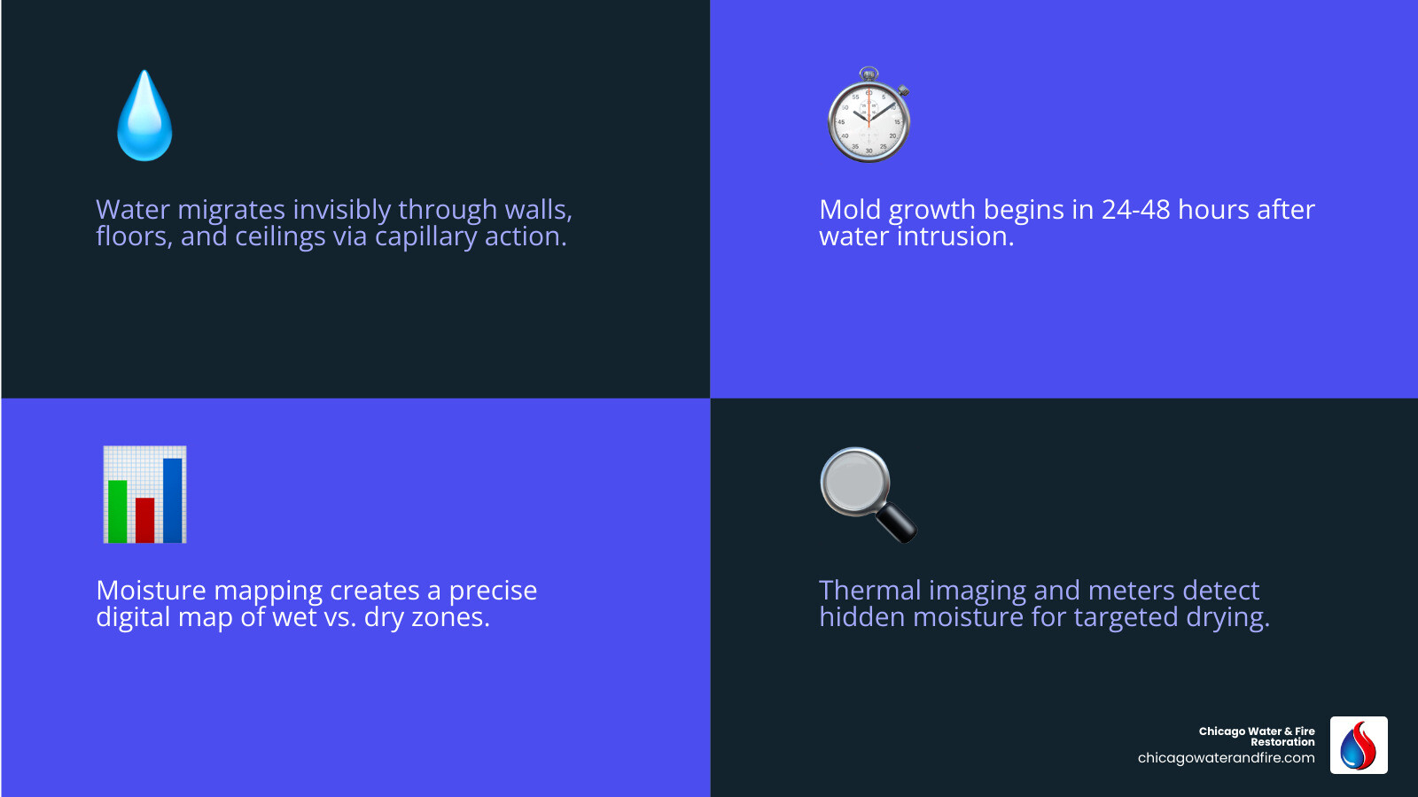 Infographic: moisture mapping process overview and 24-48 hour mold growth window - what is moisture mapping​ infographic