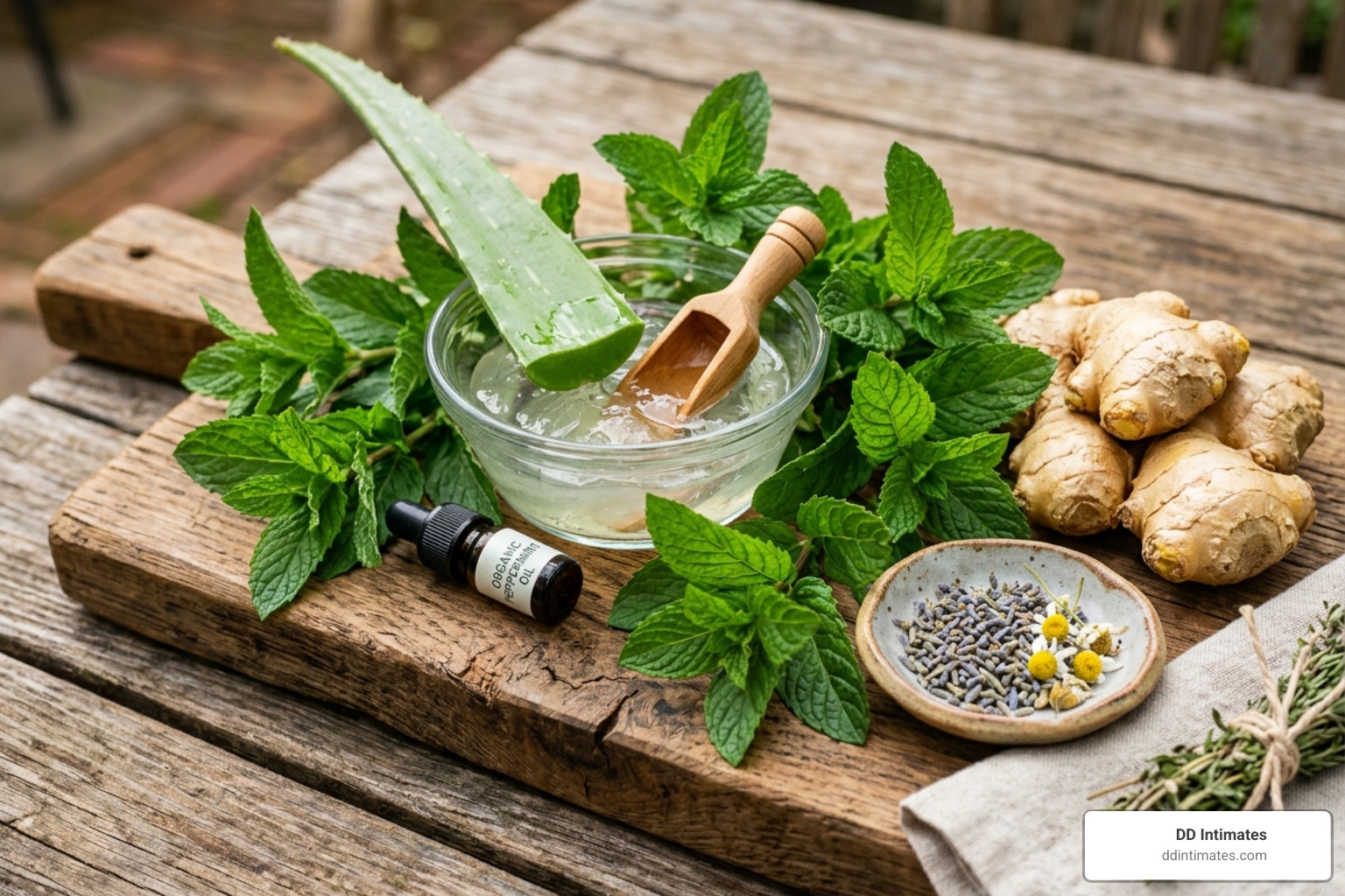 Image of natural botanical ingredients like peppermint, aloe vera, and ginger used in organic lubes - lube with tingling
