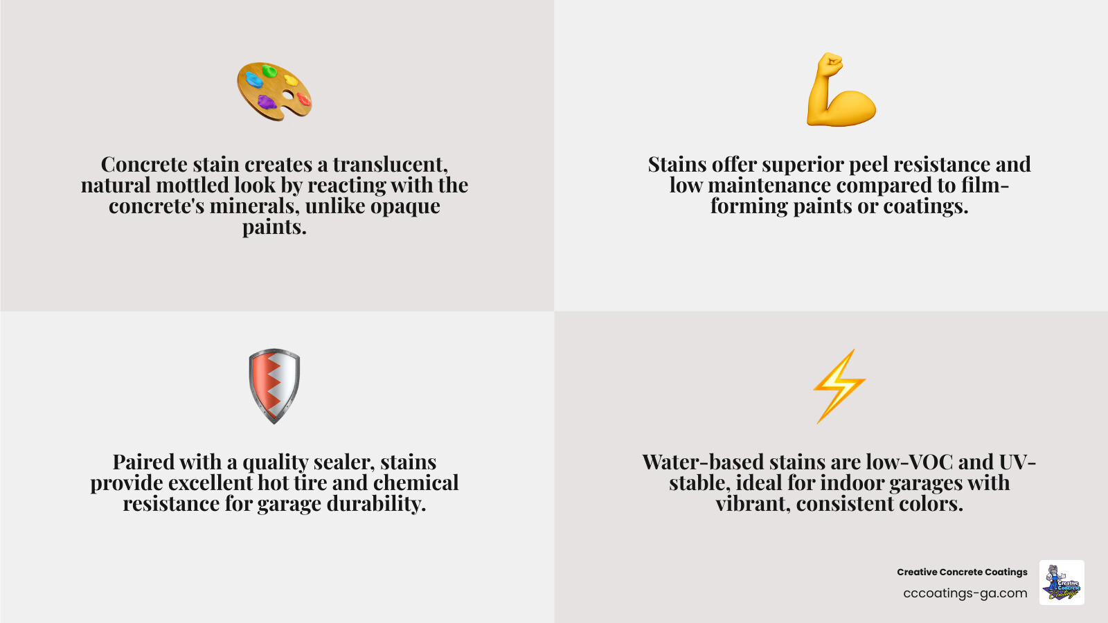 Infographic comparing concrete stain, epoxy coating, and paint for garage floors - concrete stain for garage floor Infographic comparing concrete stain, epoxy coating, and paint for garage floors - concrete stain for garage floor