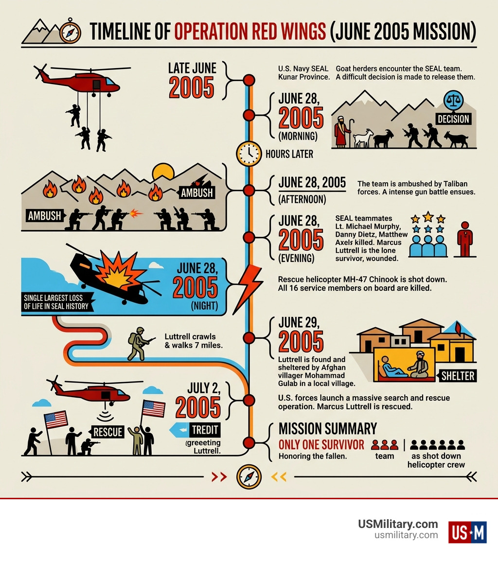 Timeline infographic of Operation Red Wings June 2005 mission in Afghanistan with key events - marcus luttrell lone survivor