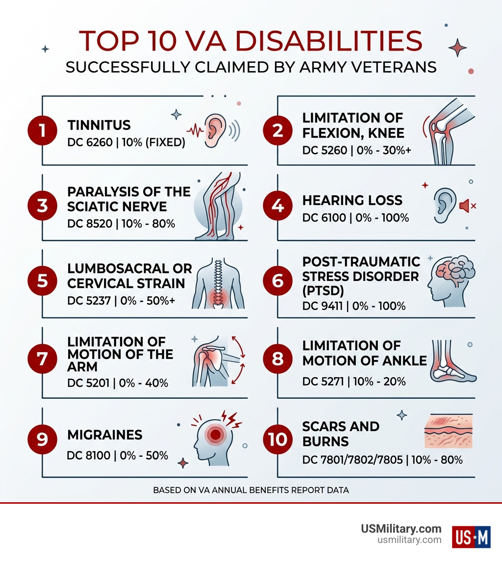 Top 10 VA disabilities successfully claimed by Army veterans with ratings and diagnostic codes infographic - Top 10 VA Top 10 VA disabilities successfully claimed by Army veterans with ratings and diagnostic codes infographic - Top 10 VA