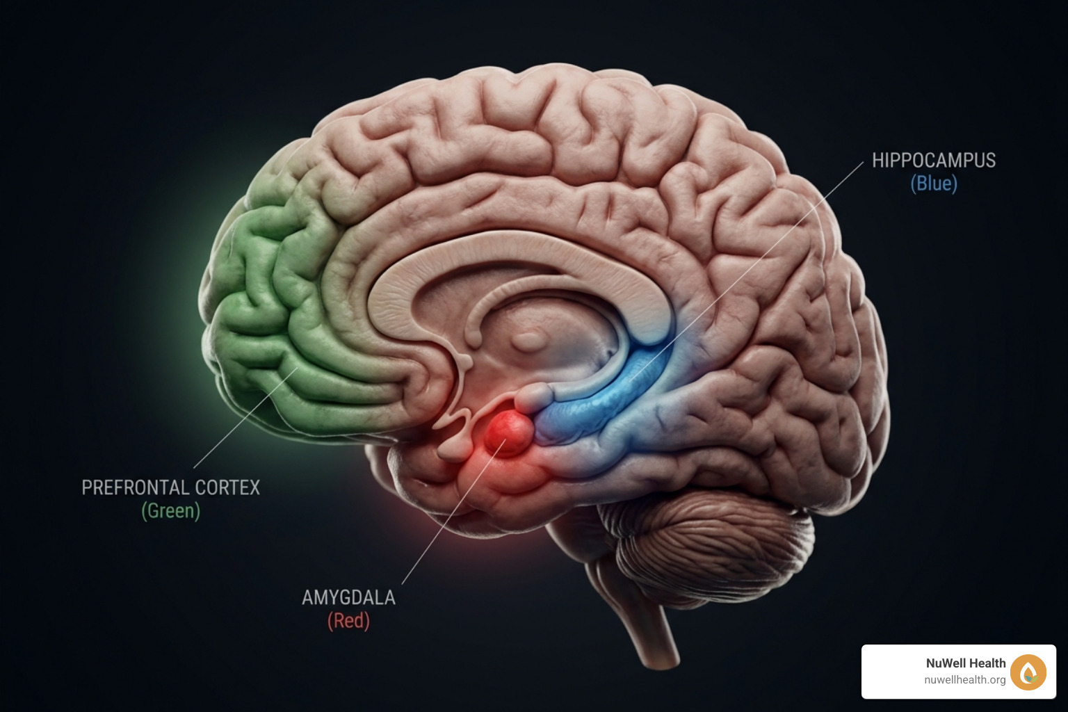 Brain regions affected by trauma: Amygdala, Hippocampus, and Prefrontal Cortex - natural healing for PTSD
