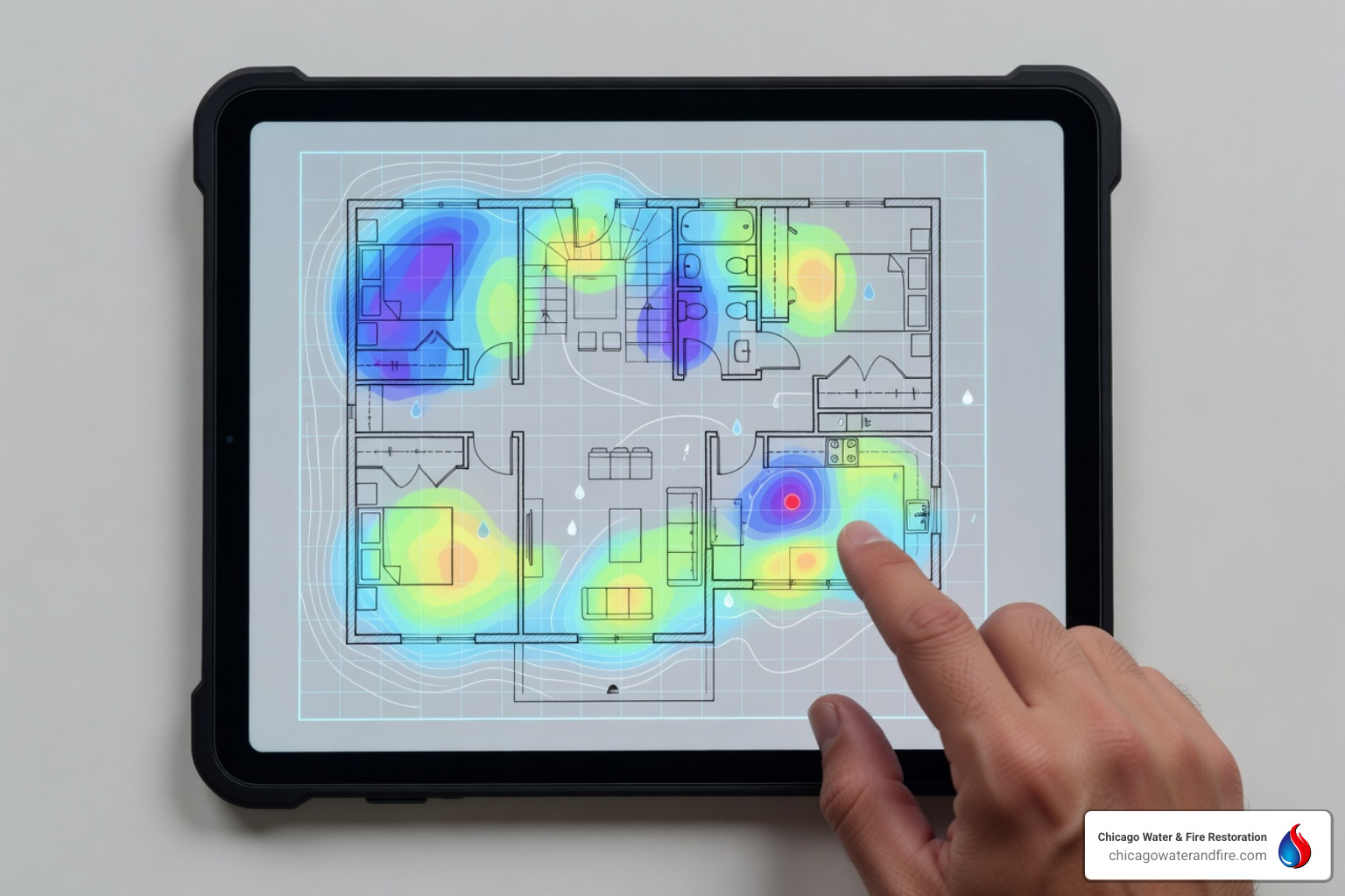 digital moisture map overlaying a home floor plan - what is moisture mapping​