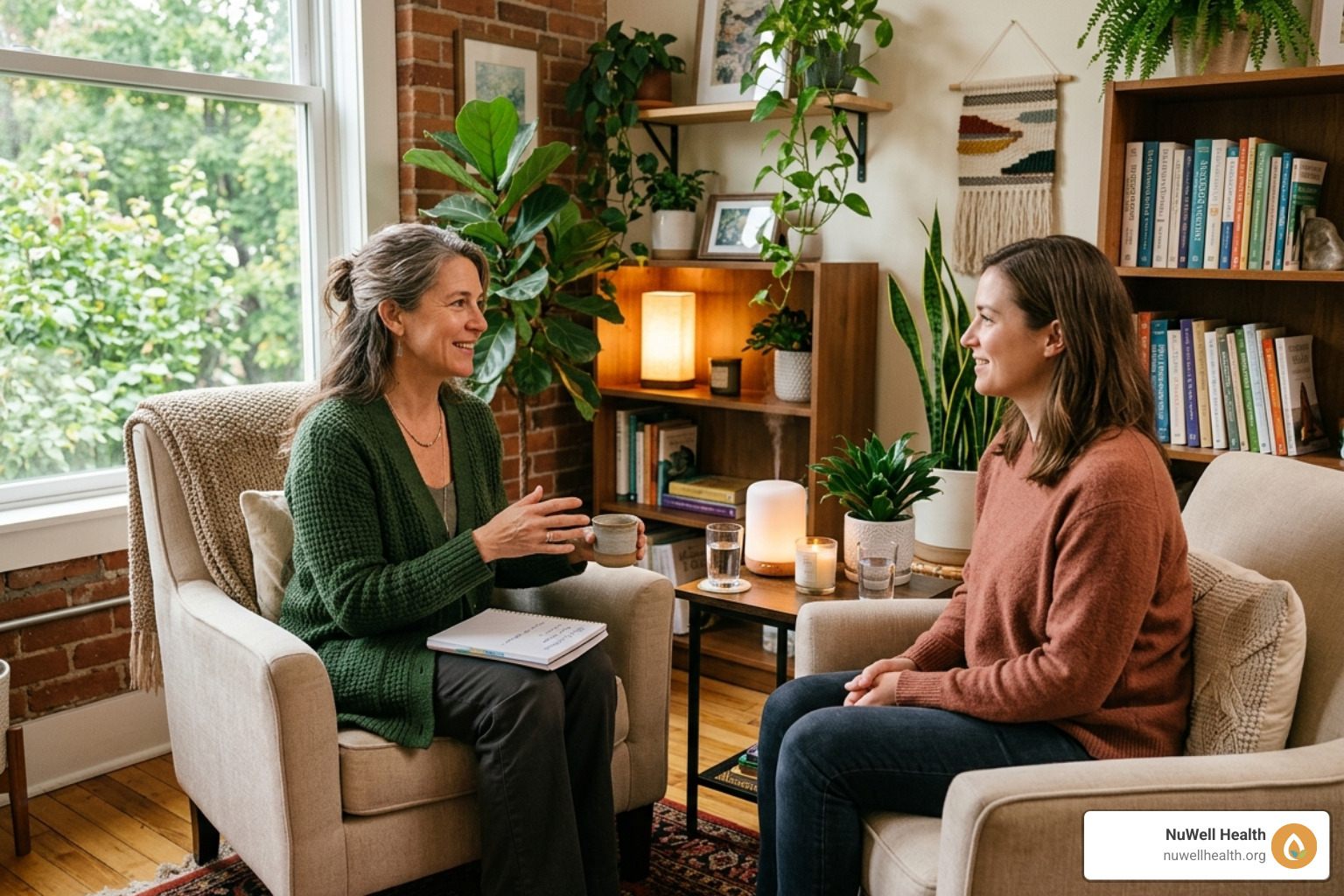 A practitioner discussing holistic wellness with a client in a warm office setting - mind body spirit healing