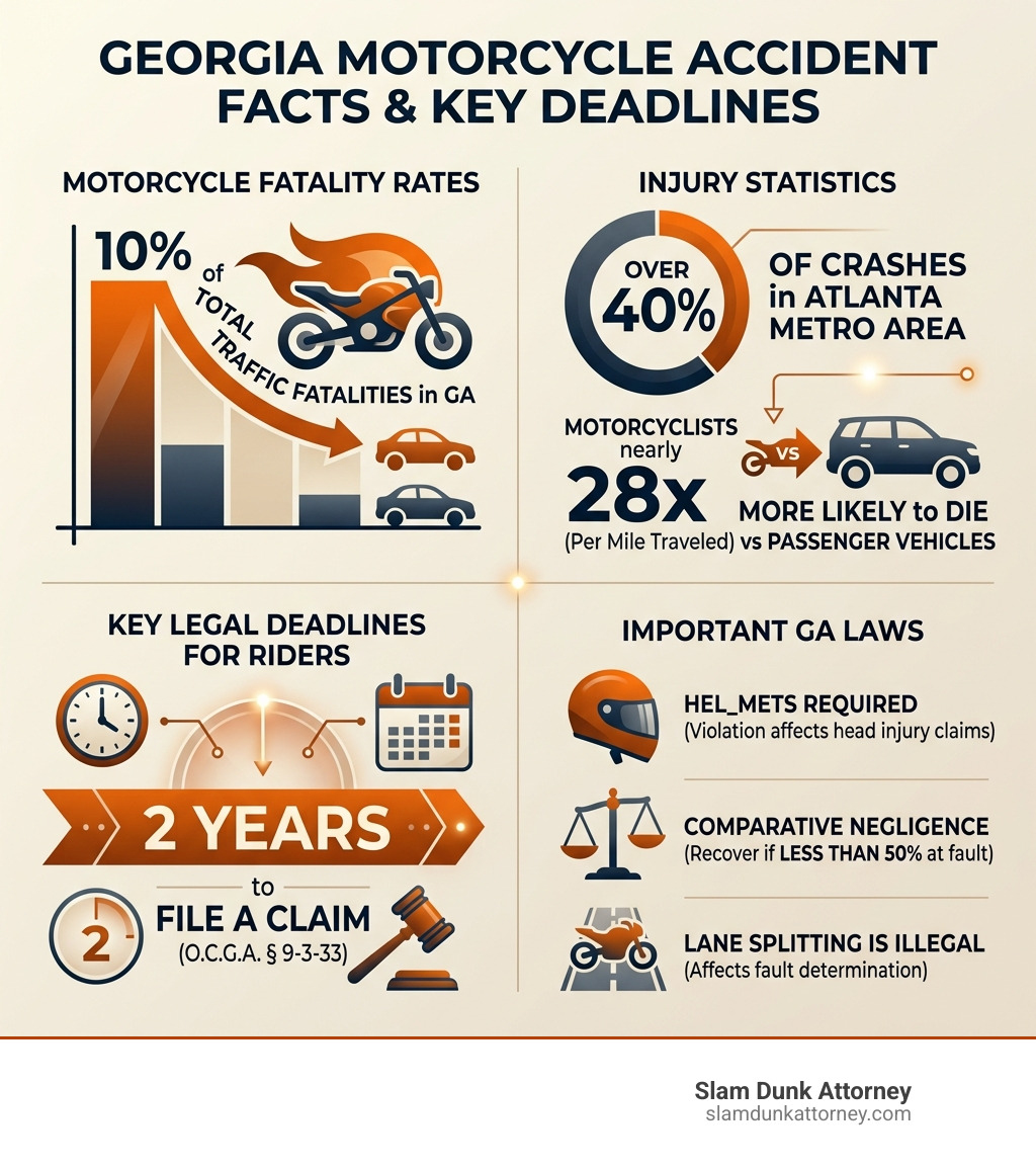 Infographic showing Georgia motorcycle fatality rates, injury statistics, and key legal deadlines for riders - Atlanta