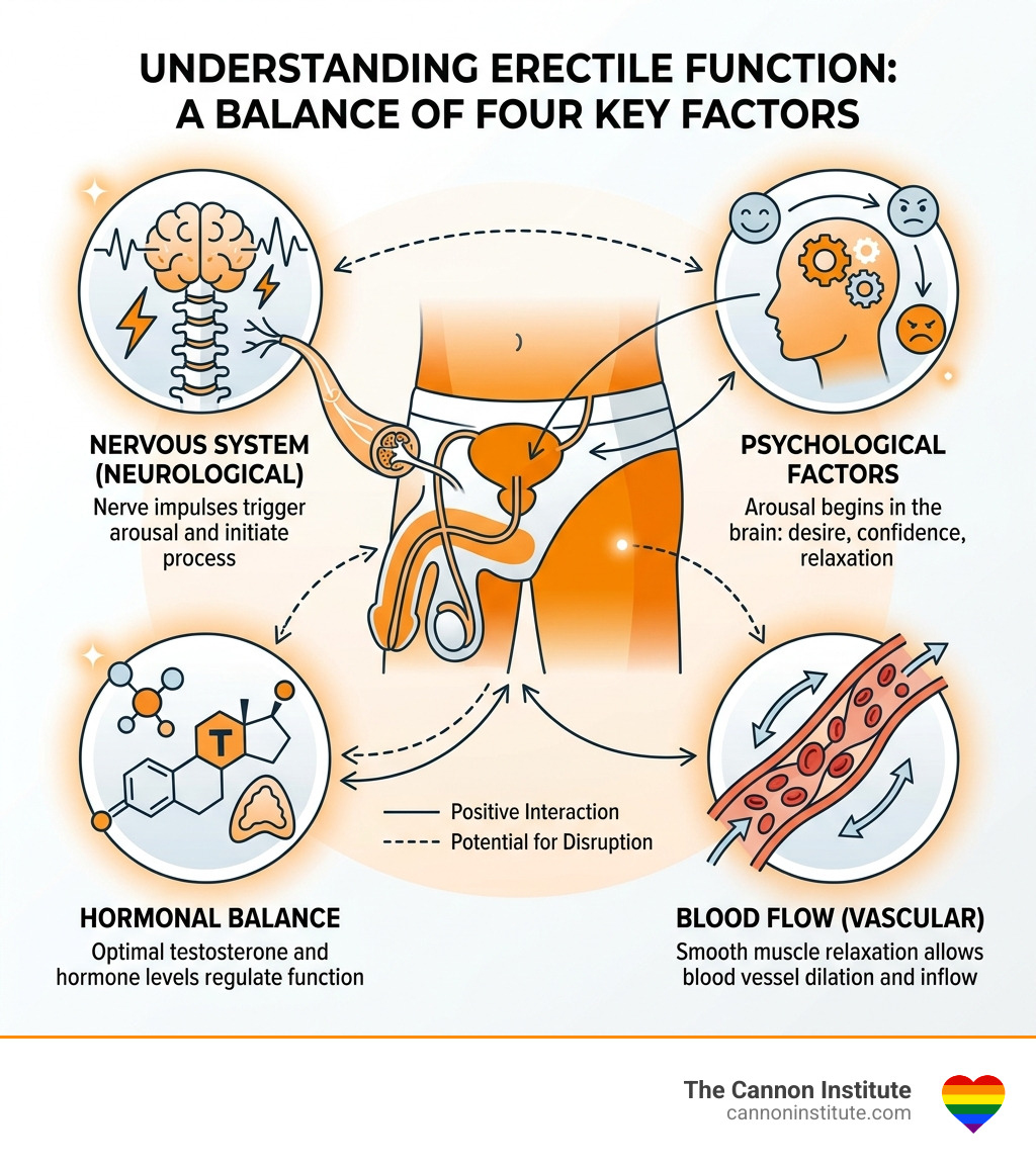 infographic showing the interplay of nerves, blood vessels, hormones, and psychology in male erectile function - what causes