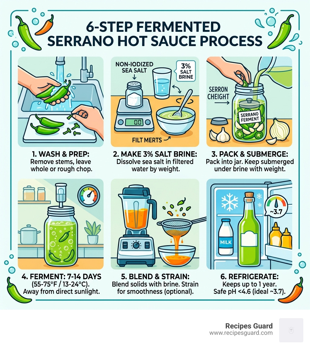 Infographic showing 6-step fermented serrano hot sauce process from prep to refrigeration - fermented serrano hot sauce Infographic showing 6-step fermented serrano hot sauce process from prep to refrigeration - fermented serrano hot sauce