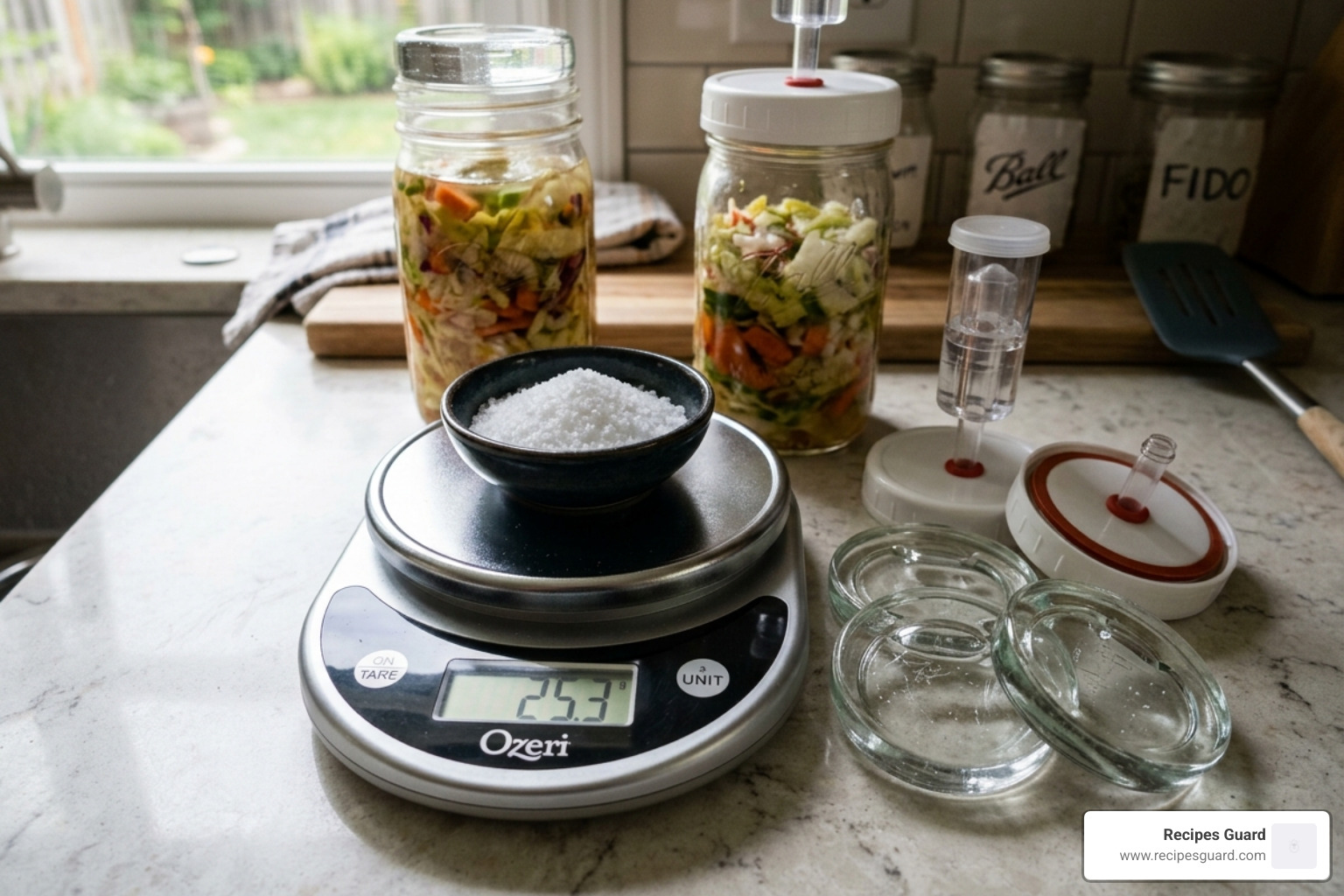 Digital scale weighing sea salt next to glass fermentation weights and airlock lids - fermented serrano hot sauce Digital scale weighing sea salt next to glass fermentation weights and airlock lids - fermented serrano hot sauce