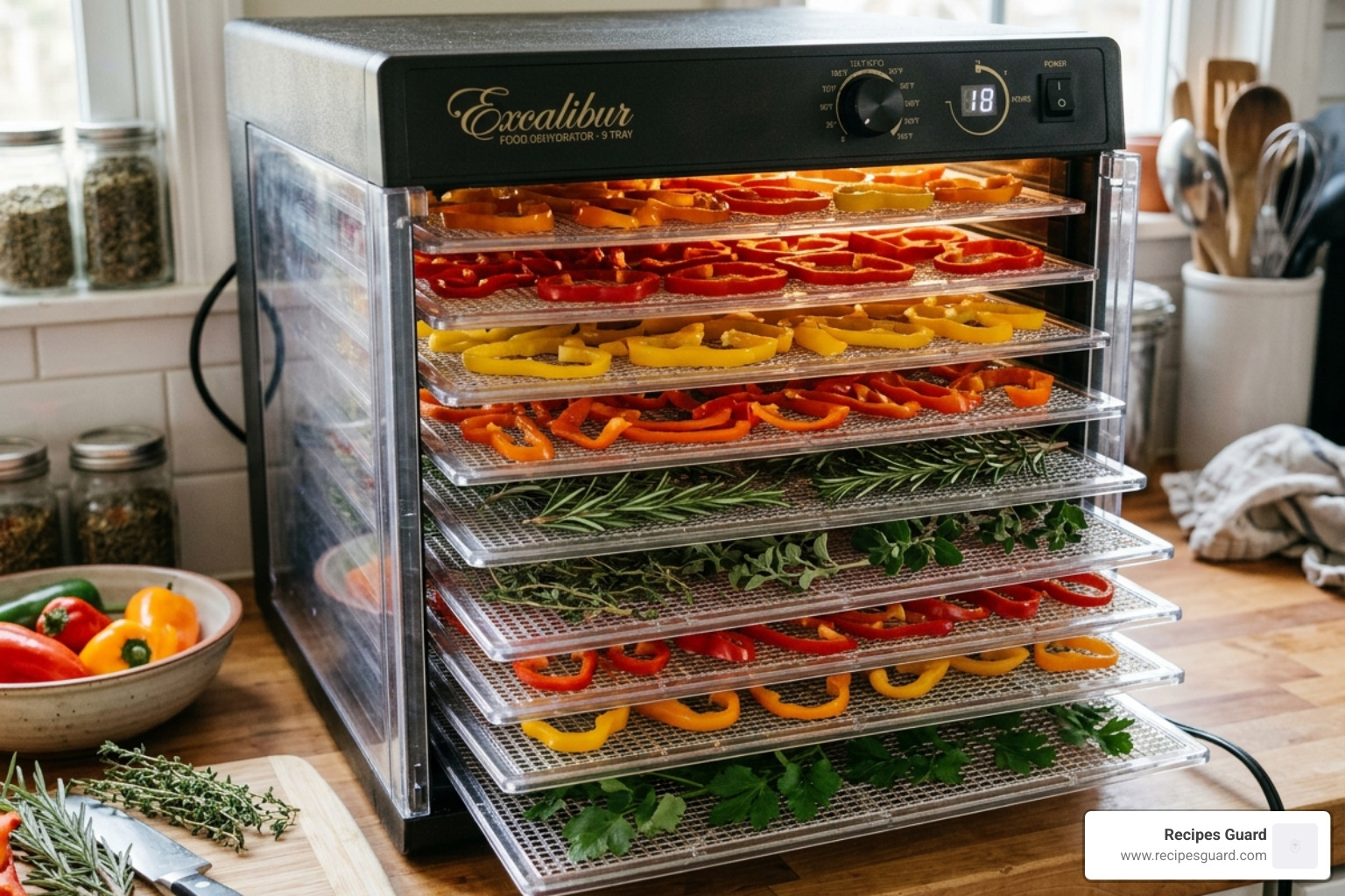 a home food dehydrator filled with sliced peppers and herbs - how to preserve vegetables at home a home food dehydrator filled with sliced peppers and herbs - how to preserve vegetables at home