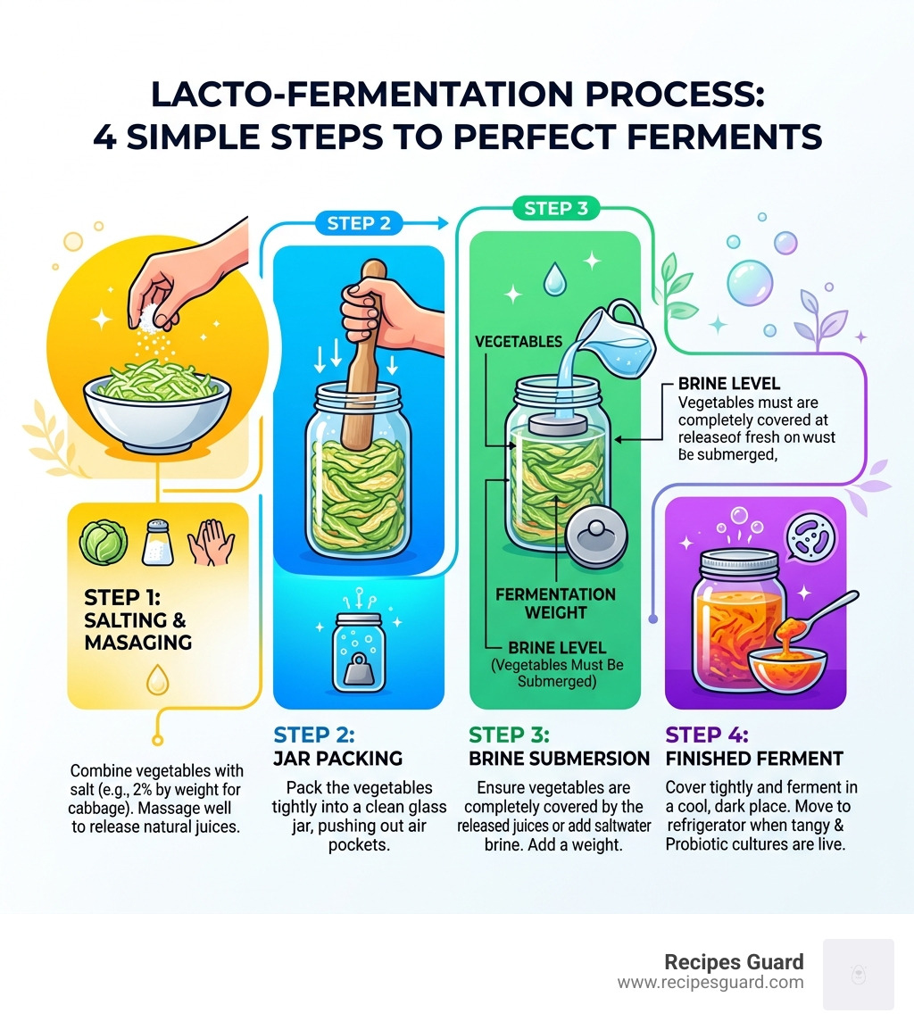Lacto-fermentation process steps from salting to jar packing to brine to finished ferment - fermented foods recipes