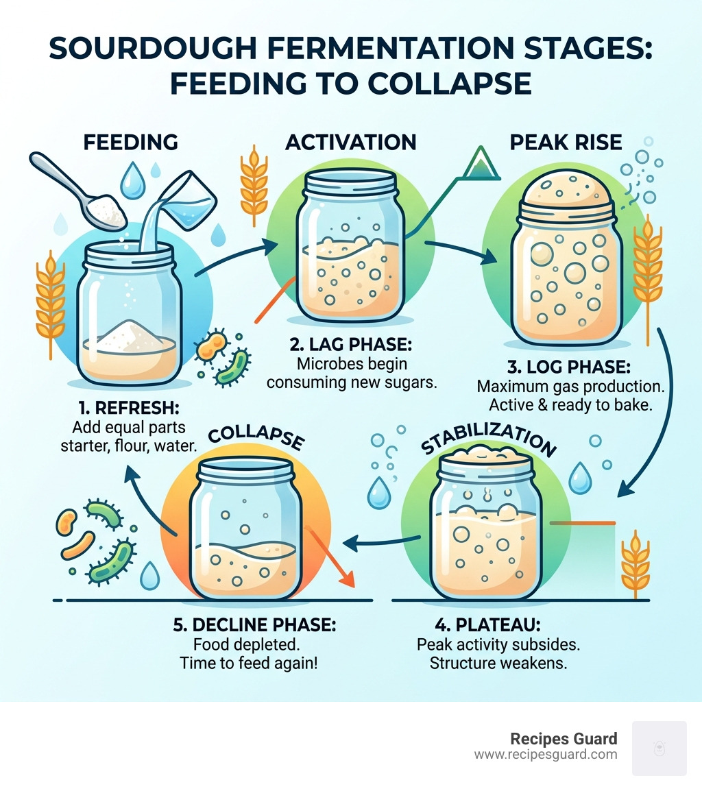 Sourdough fermentation stages from feeding to peak rise to collapse infographic - how to keep your sourdough starter alive
