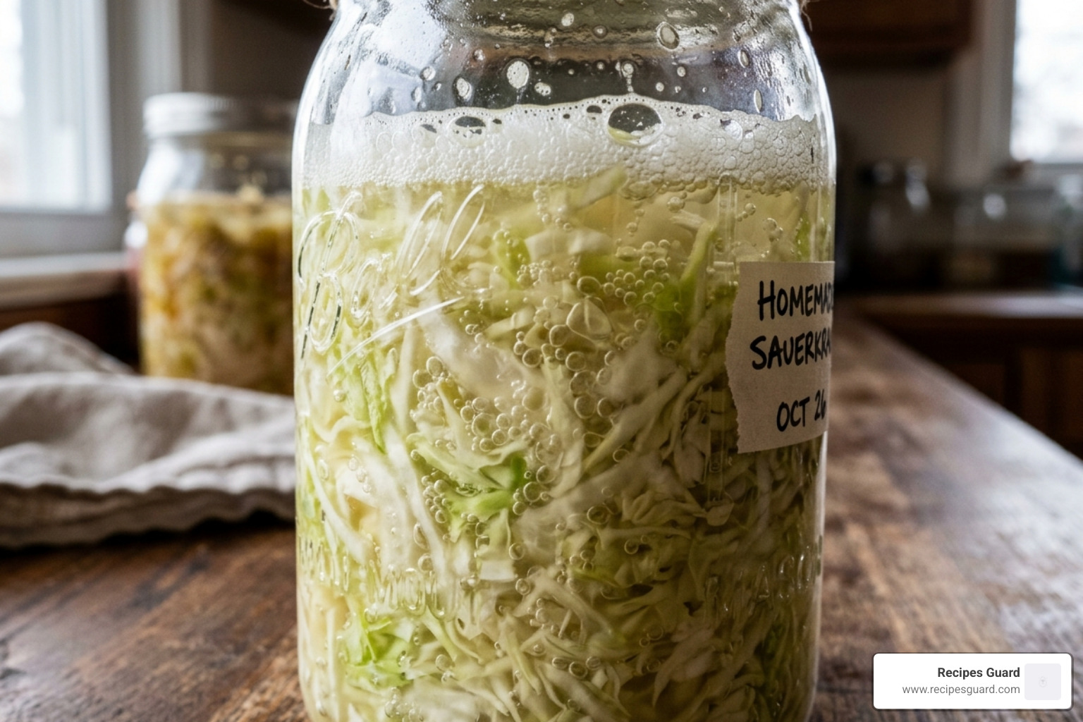 Close-up of bubbling sauerkraut in a glass jar showing active fermentation - home fermentation recipes