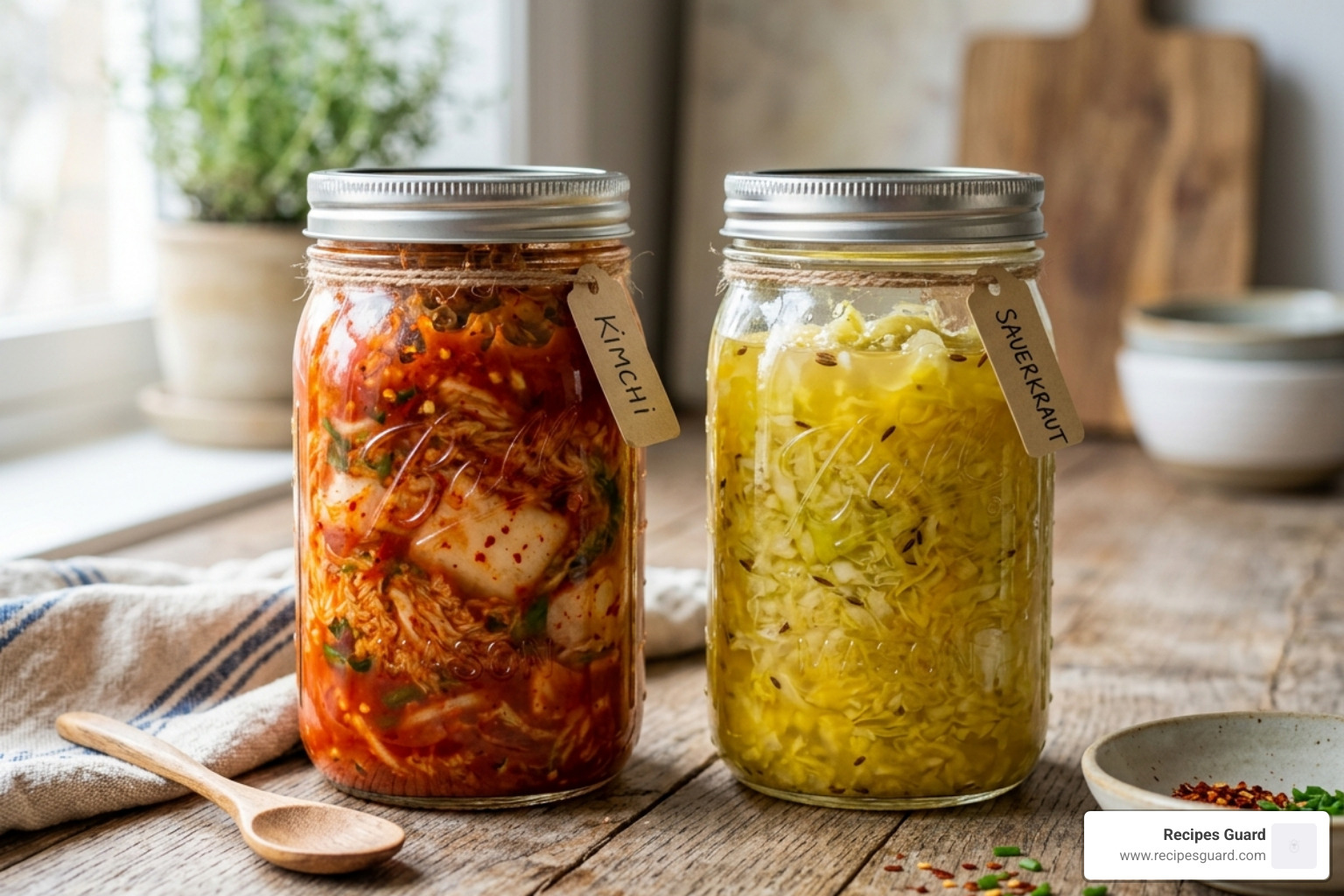 vibrant red kimchi and golden sauerkraut in glass jars - fermented foods recipes