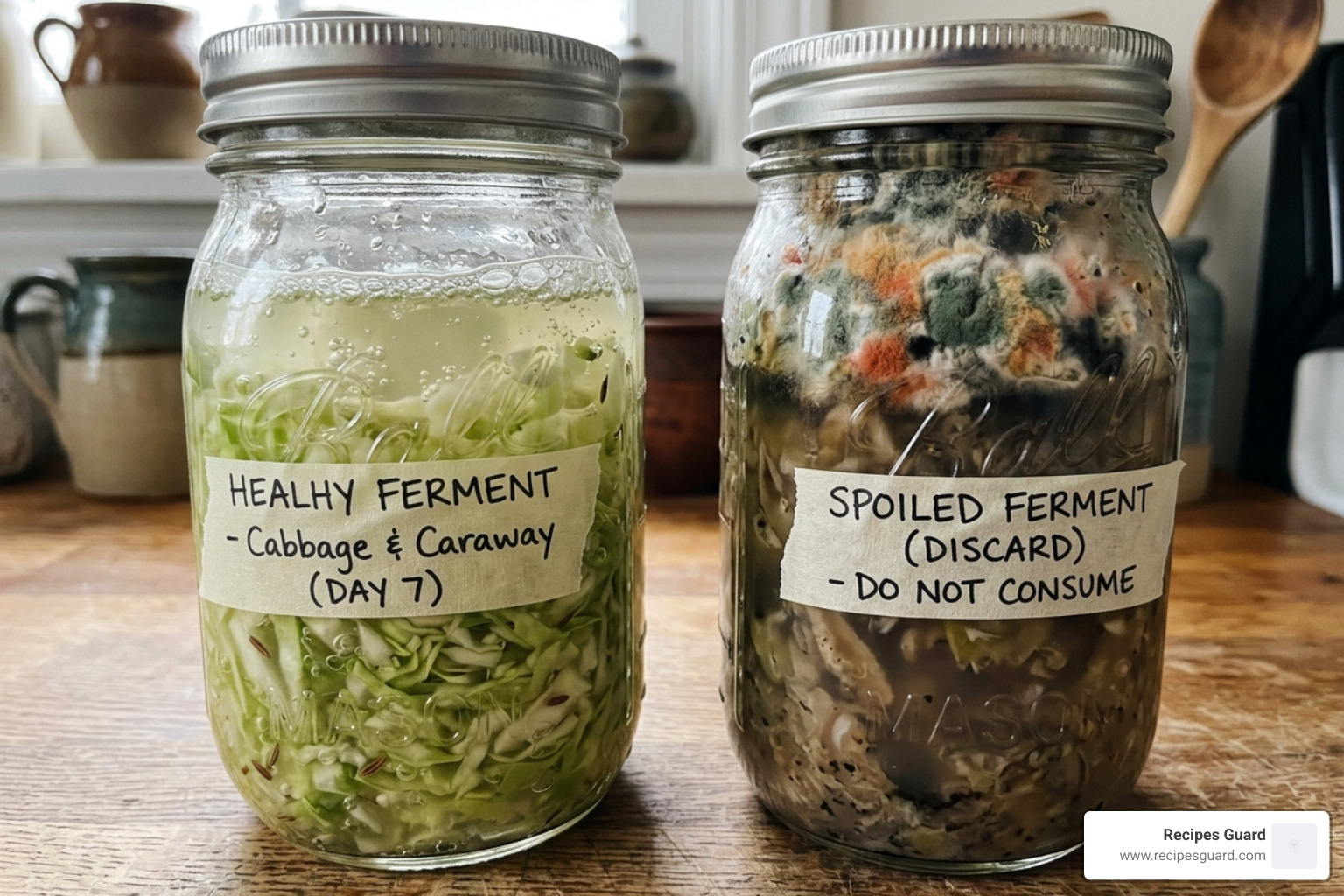 Healthy ferment with bubbles vs. spoiled ferment with colored mold - home fermentation recipes
