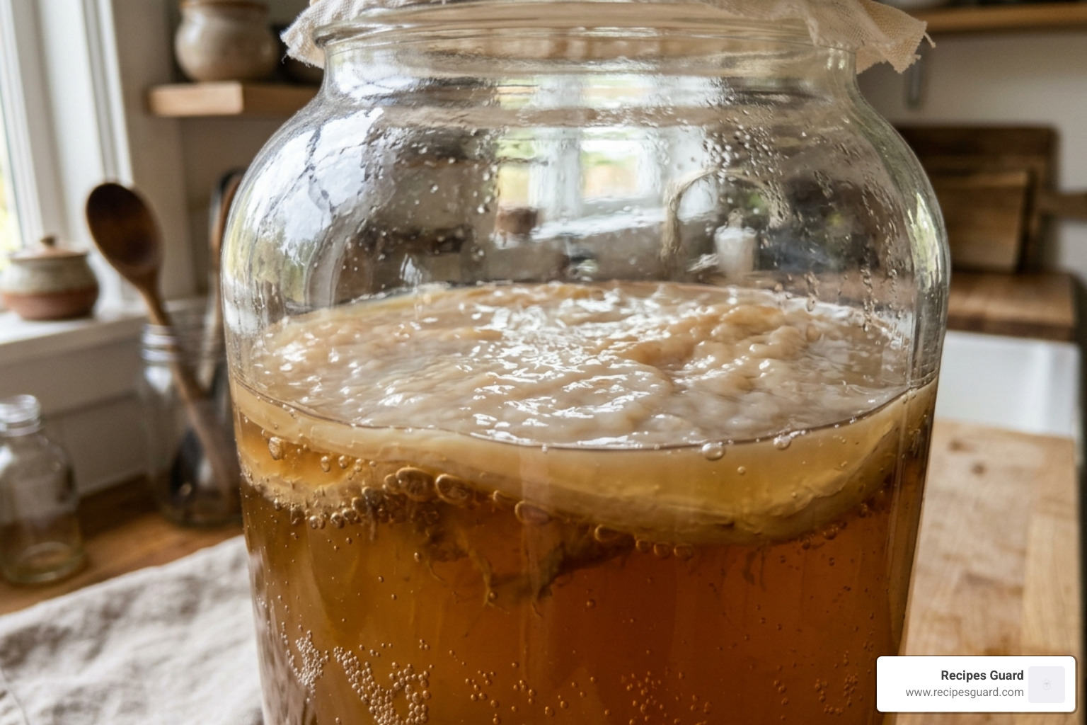 A healthy SCOBY floating in a glass fermentation jar - blackberry ginger kombucha