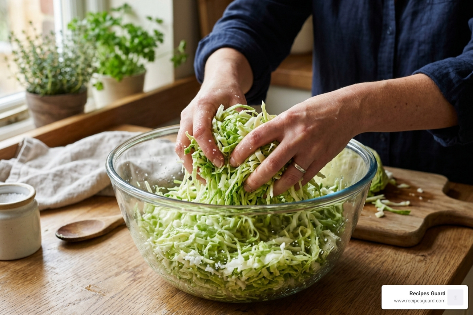 shredded cabbage being massaged with salt in a large bowl - fermenting cabbage at home
