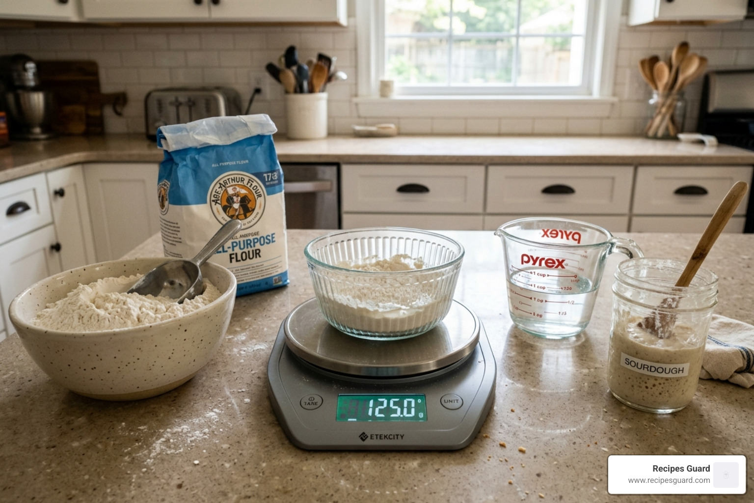Kitchen scale weighing flour and water for sourdough feeding - how to keep your sourdough starter alive