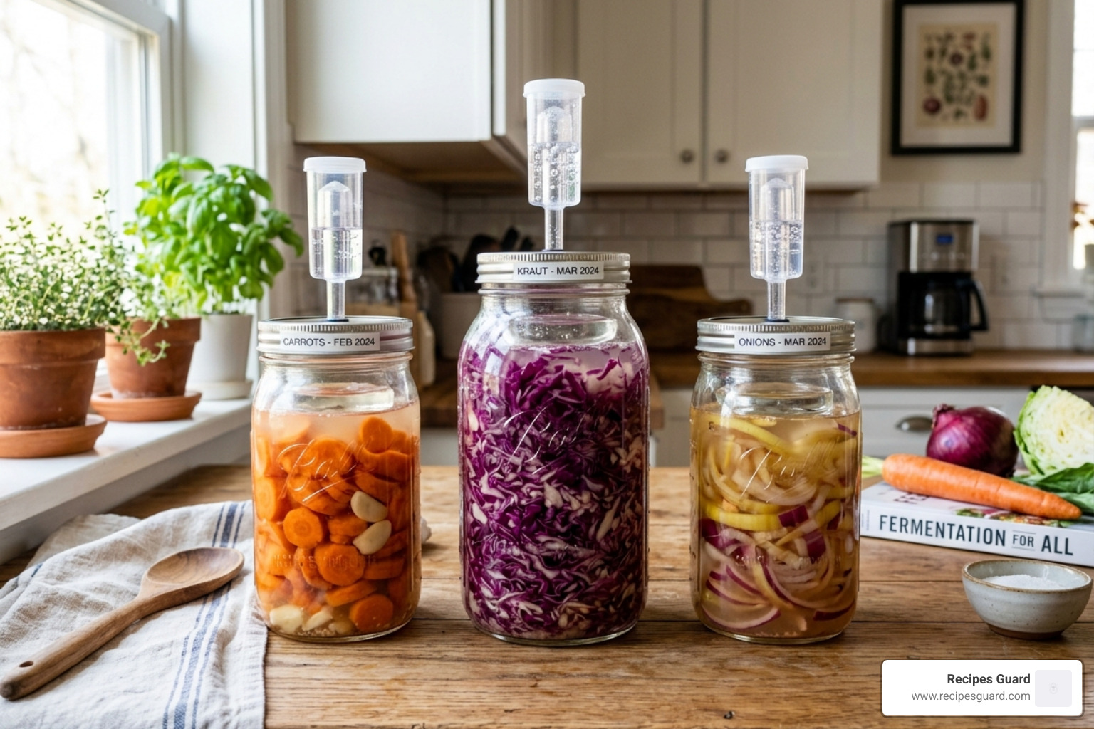 A fermentation station featuring jars of carrots, onions, and cabbage - home fermentation recipes
