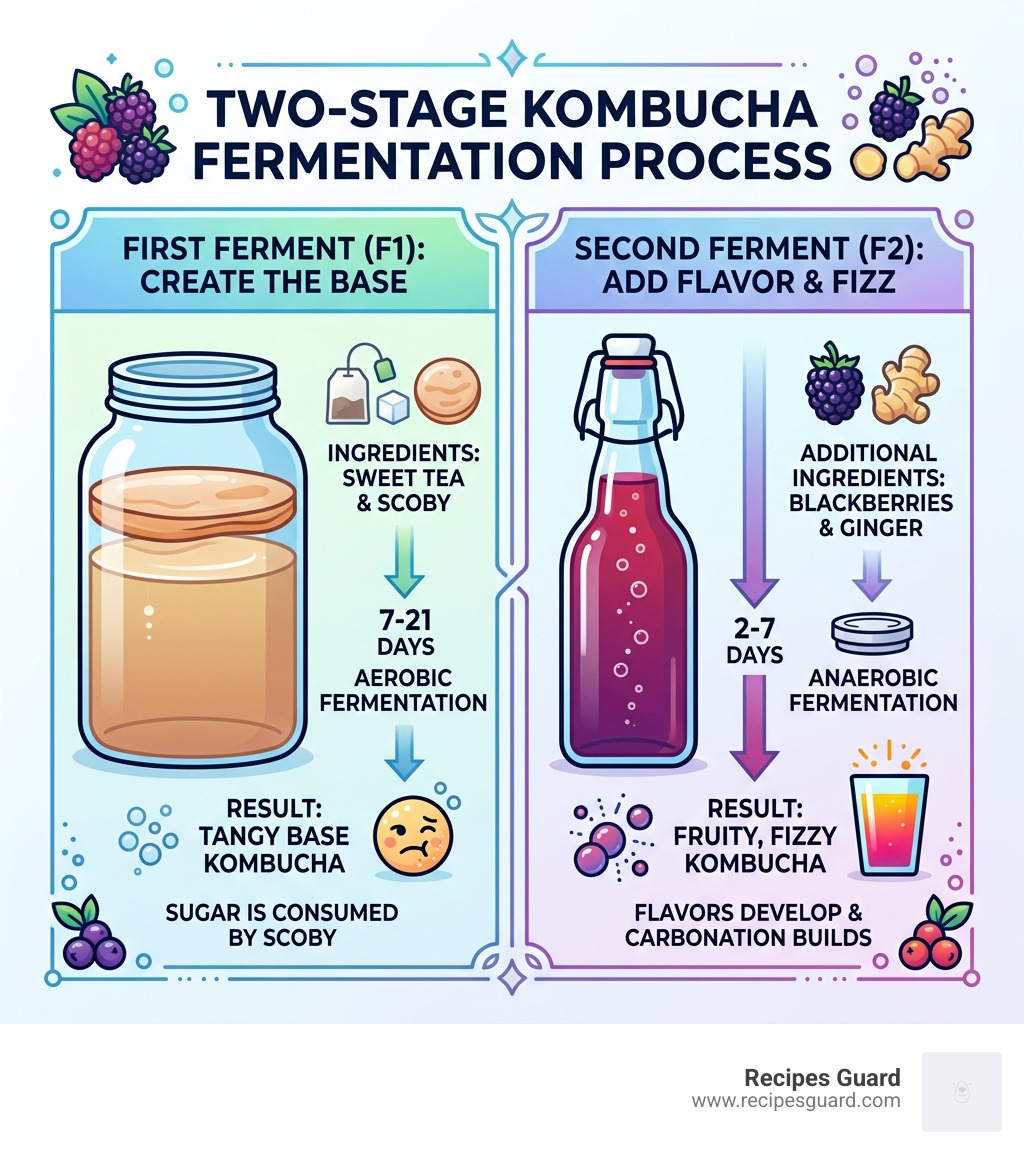 Two-stage kombucha fermentation process: first ferment creates the base, second ferment adds flavor and fizz - blackberry