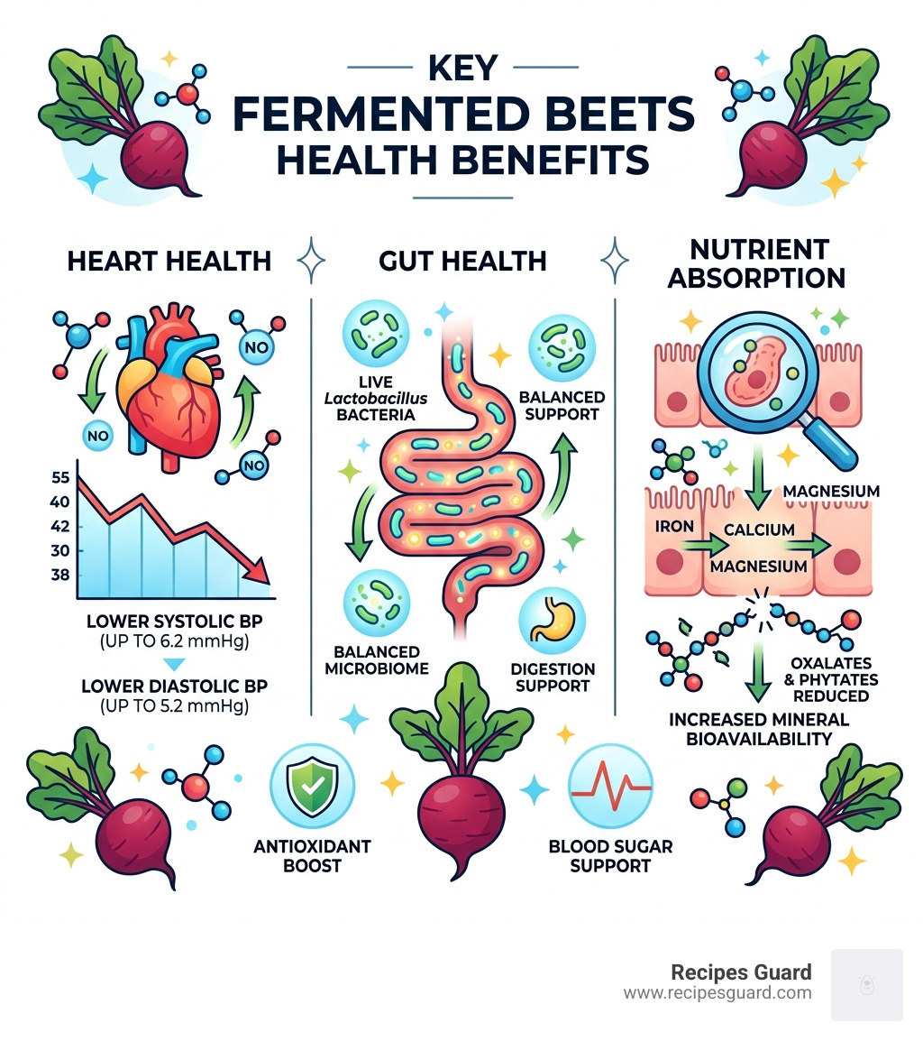 key fermented beets health benefits infographic showing heart, gut, and nutrient absorption gains - fermented beets health