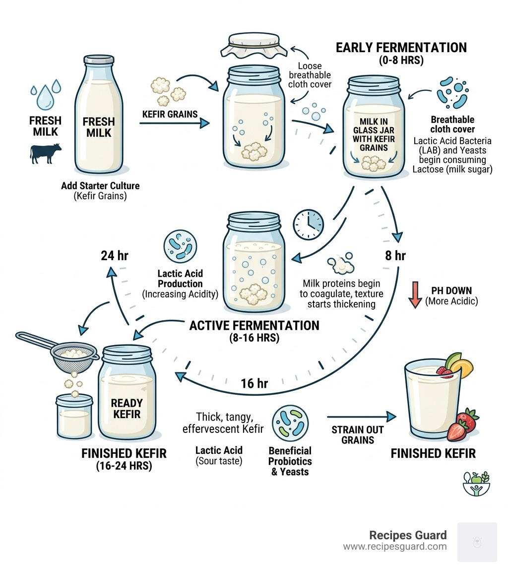 24-hour milk fermentation cycle showing stages from fresh milk to finished kefir - fermenting milk at home infographic 