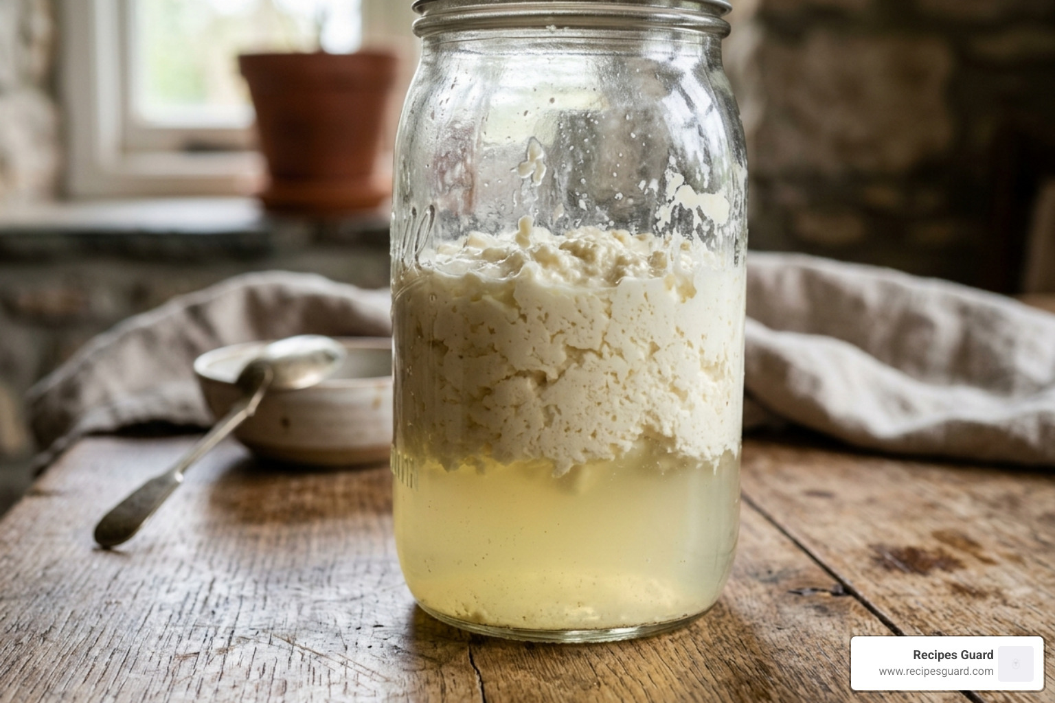 thick clabbered milk in a jar with clear whey separation - fermenting milk at home