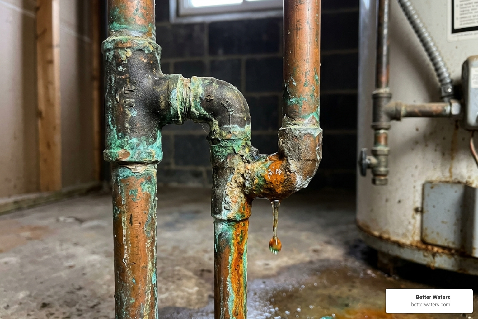 Close up of aging copper pipes showing green oxidation and corrosion which can lead to metallic tasting water - Improve tap
