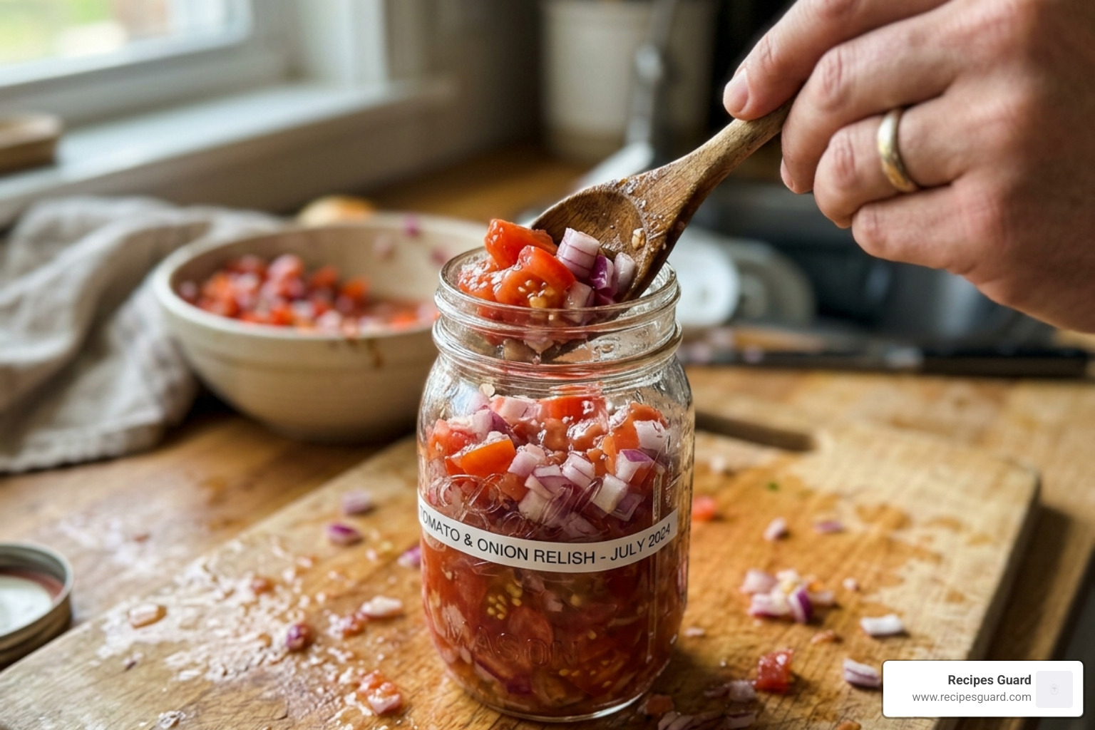 chopped tomatoes and onions being packed into a clean mason jar with a wooden spoon - homemade fermented salsa recipe
