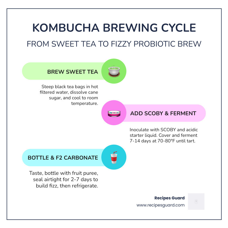 Kombucha brewing cycle from sweet tea to bottled kombucha infographic 2026 - beginners guide to kombucha infographic