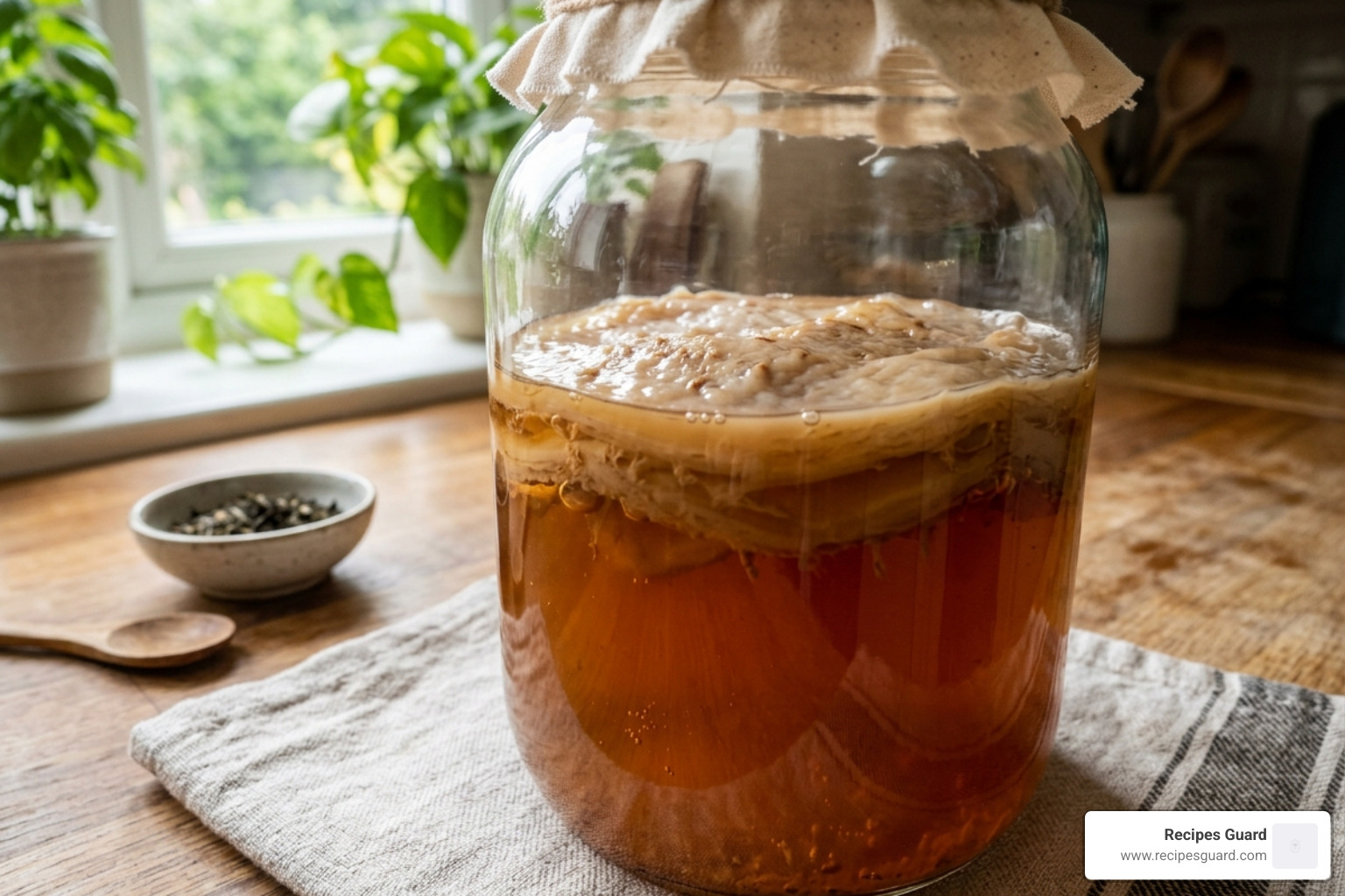 A healthy, thick SCOBY mother resting in starter liquid - beginners guide to kombucha