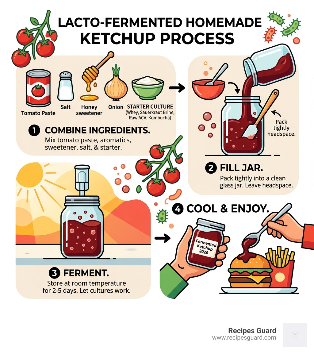 Infographic showing the lacto-fermentation process for homemade fermented ketchup condiments step by step - homemade