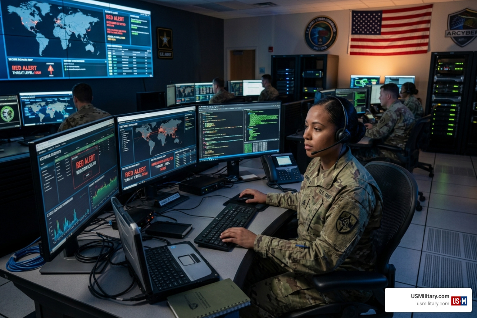 A Soldier utilizing advanced cyber technology and network defense tools in a secure facility - 12 Best Jobs In The Army That A Soldier utilizing advanced cyber technology and network defense tools in a secure facility - 12 Best Jobs In The Army That