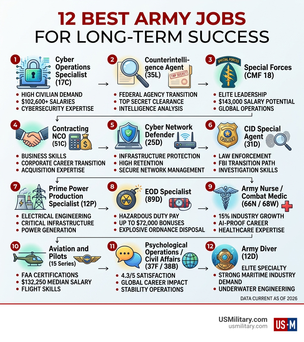 Infographic showing the 12 best Army jobs for long-term success and their key career benefits - 12 Best Jobs In The Army Infographic showing the 12 best Army jobs for long-term success and their key career benefits - 12 Best Jobs In The Army