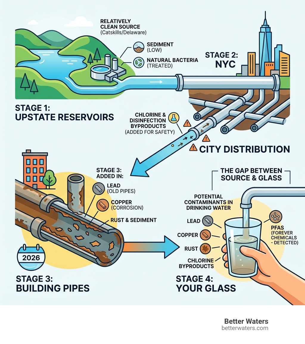 Infographic showing NYC tap water journey from upstate reservoirs through aging pipes to your glass, with key contaminants
