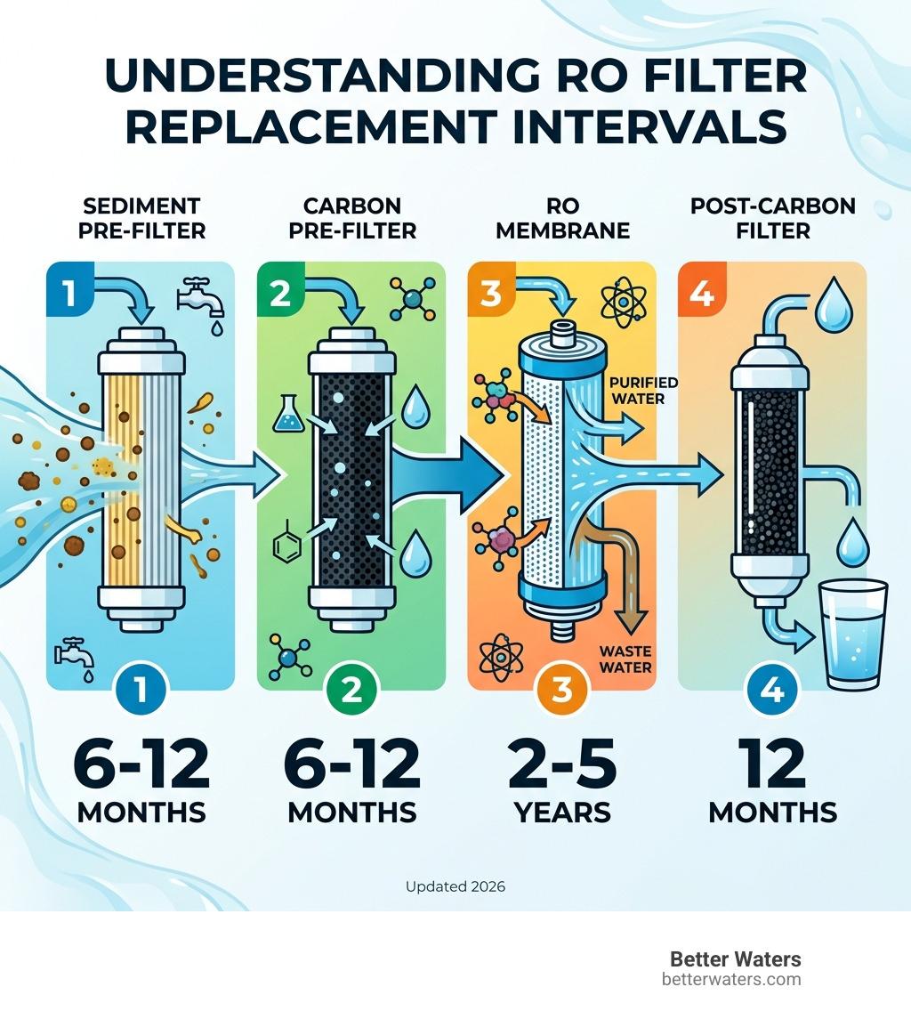 Infographic showing RO filter stages and their replacement intervals from sediment to membrane to post-filter - how long