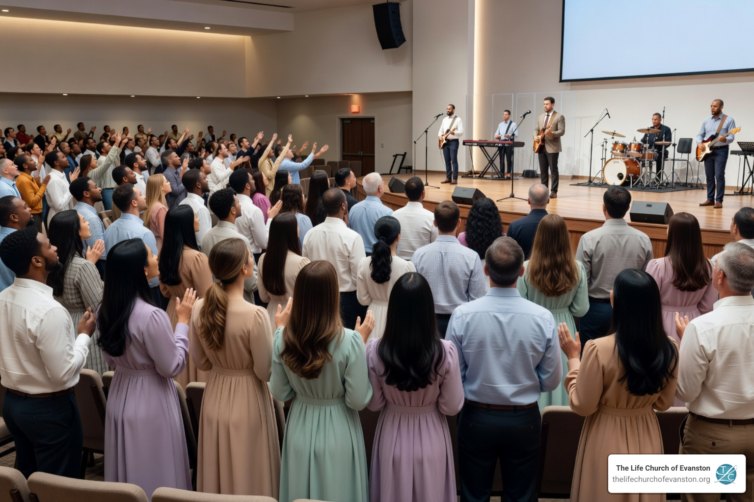 Apostolic congregation in a modern auditorium with hands raised in worship - multicultural family church